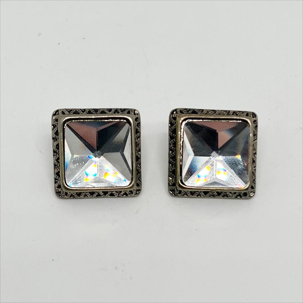 Vintage Large Gemstone Etched Gold Tone Square Earrings